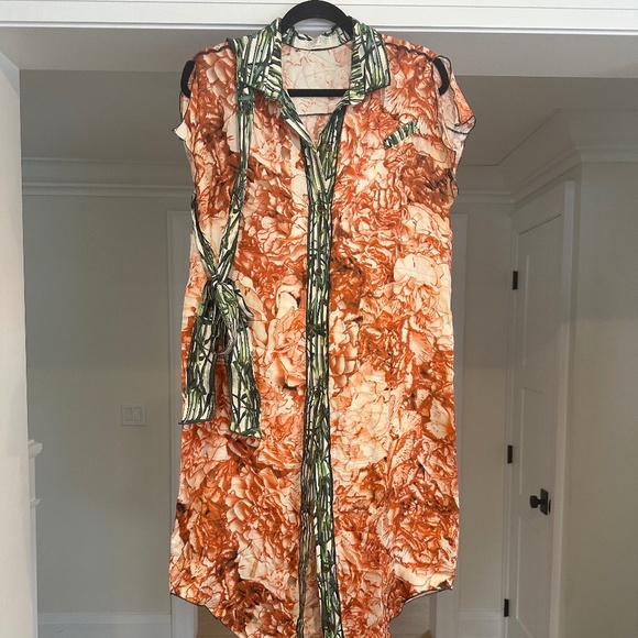 TRIBUNE STANDARD Orange and Green Botanical Sleeveless 100% Silk Dress - Size L. - Picture 2 of 16
